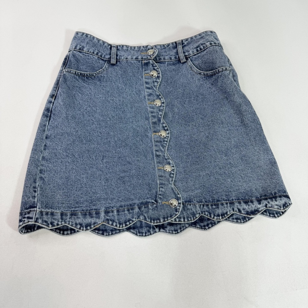 Y2K So Me Skirt Womens Large Blue Denim Mini A-Line Scalloped  Button Front Jean
